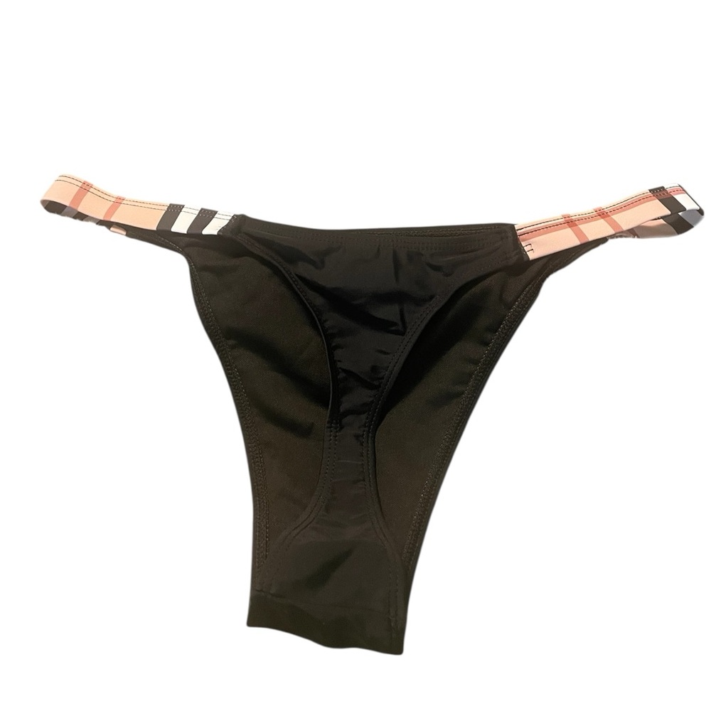 NWOT XL London Plaid Trim Bikini Bottom Black Pink Tan Check Thong High Rise - Picture 2 of 4